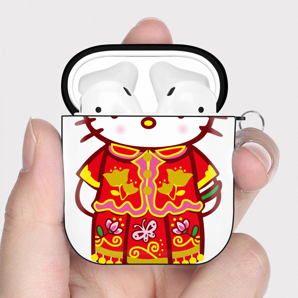 （画像用） Hello Kitty ハローキティ AirPods 第2世代保護ケース ハードシェル ブラック 耐衝撃・防指紋・カラビナ付き