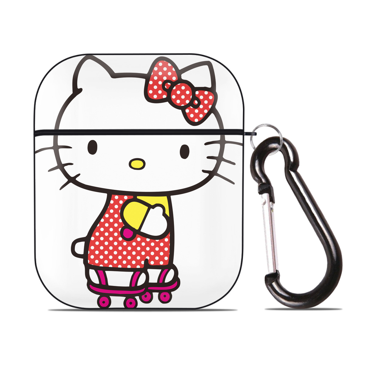 （画像用） Hello Kitty ハローキティ AirPods 第2世代保護ケース ハードシェル ブラック 耐衝撃・防指紋・カラビナ付き