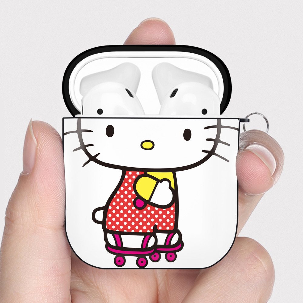 （画像用） Hello Kitty ハローキティ AirPods 第2世代保護ケース ハードシェル ブラック 耐衝撃・防指紋・カラビナ付き