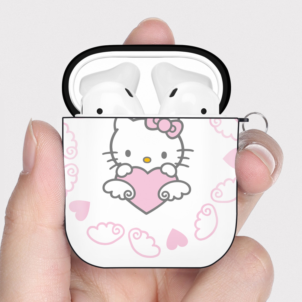 （画像用） Hello Kitty ハローキティ AirPods 第2世代保護ケース ハードシェル ブラック 耐衝撃・防指紋・カラビナ付き