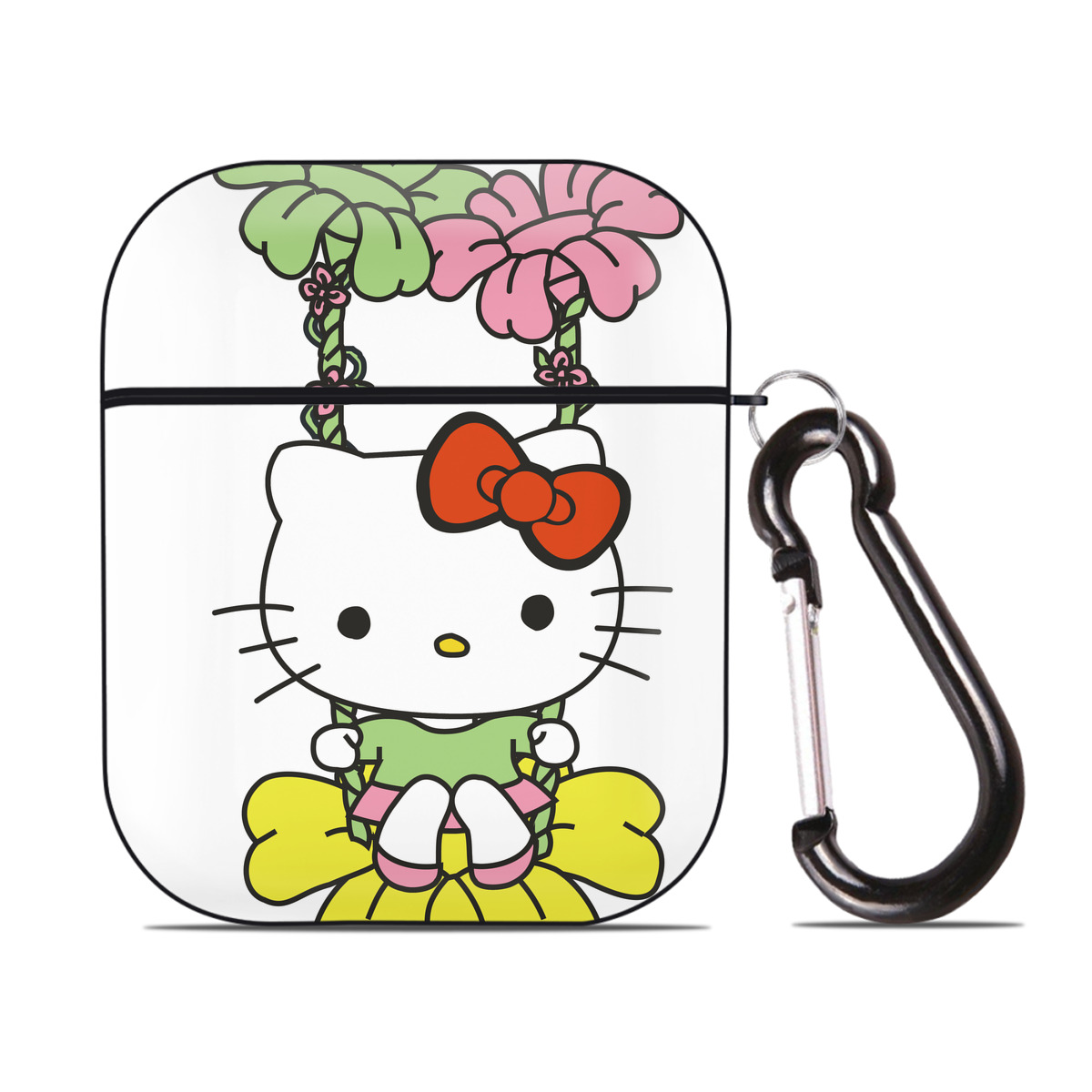 （画像用） Hello Kitty ハローキティ AirPods 第2世代保護ケース ハードシェル ブラック 耐衝撃・防指紋・カラビナ付き