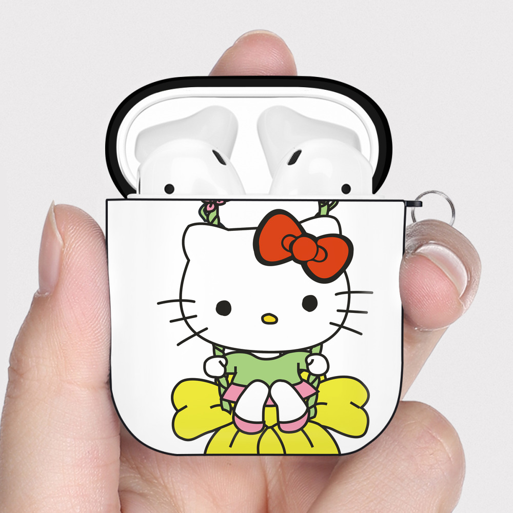 （画像用） Hello Kitty ハローキティ AirPods 第2世代保護ケース ハードシェル ブラック 耐衝撃・防指紋・カラビナ付き