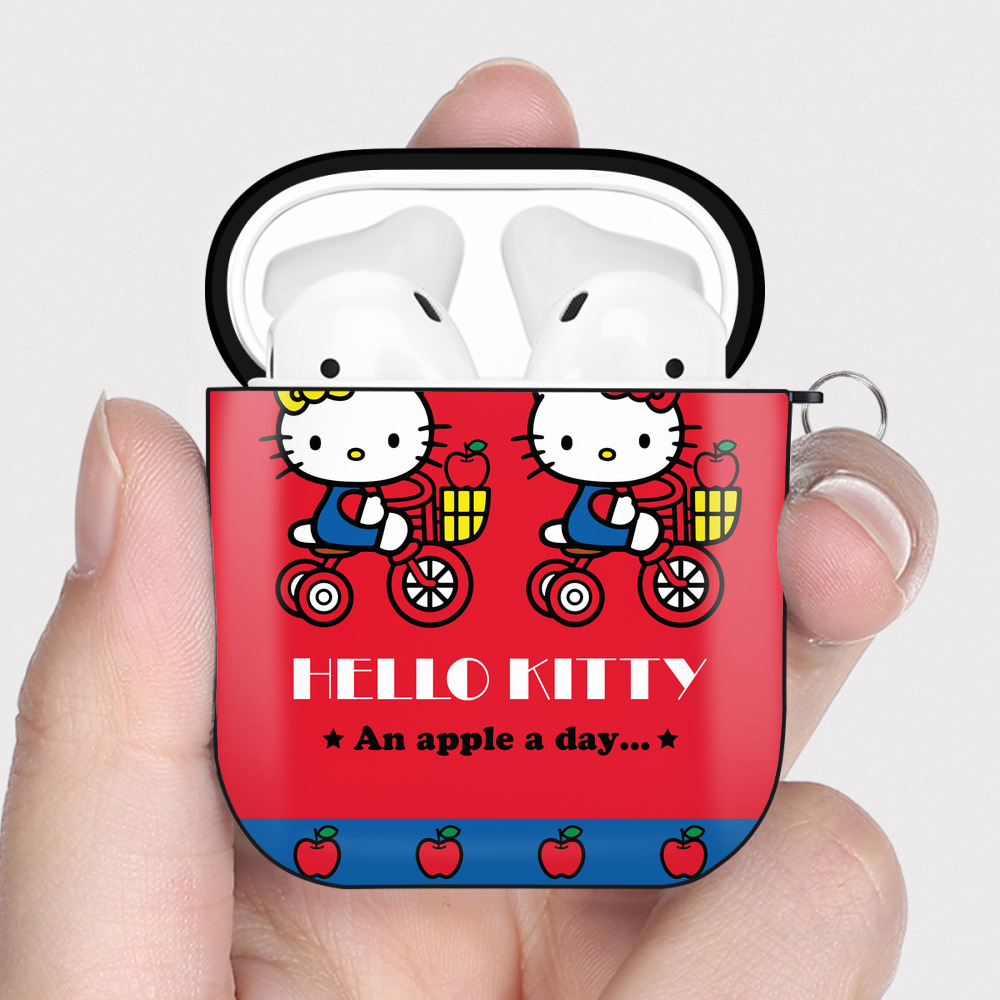 （画像用） Hello Kitty ハローキティ AirPods 第2世代保護ケース ハードシェル ブラック 耐衝撃・防指紋・カラビナ付き