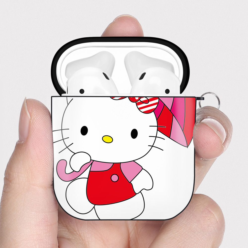 （画像用） Hello Kitty ハローキティ AirPods 第2世代保護ケース ハードシェル ブラック 耐衝撃・防指紋・カラビナ付き