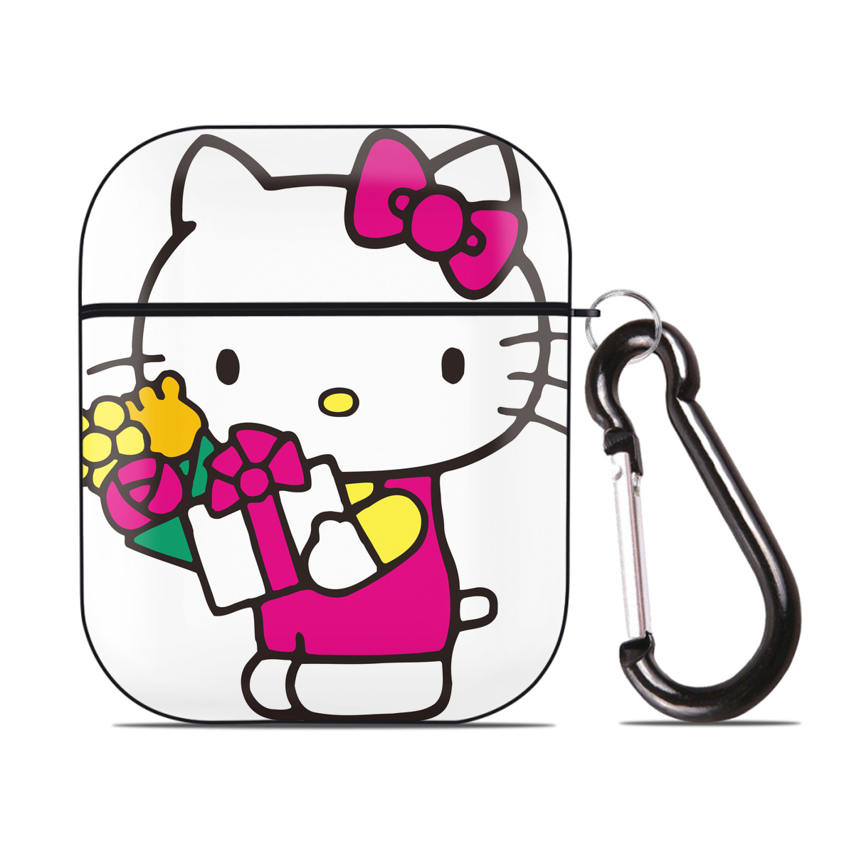 （画像用） Hello Kitty ハローキティ AirPods 第2世代保護ケース ハードシェル ブラック 耐衝撃・防指紋・カラビナ付き