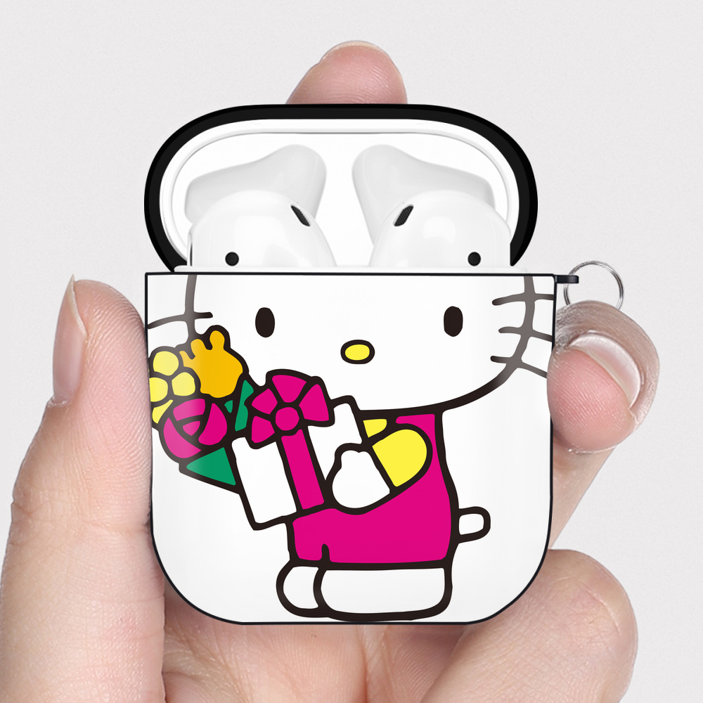 （画像用） Hello Kitty ハローキティ AirPods 第2世代保護ケース ハードシェル ブラック 耐衝撃・防指紋・カラビナ付き