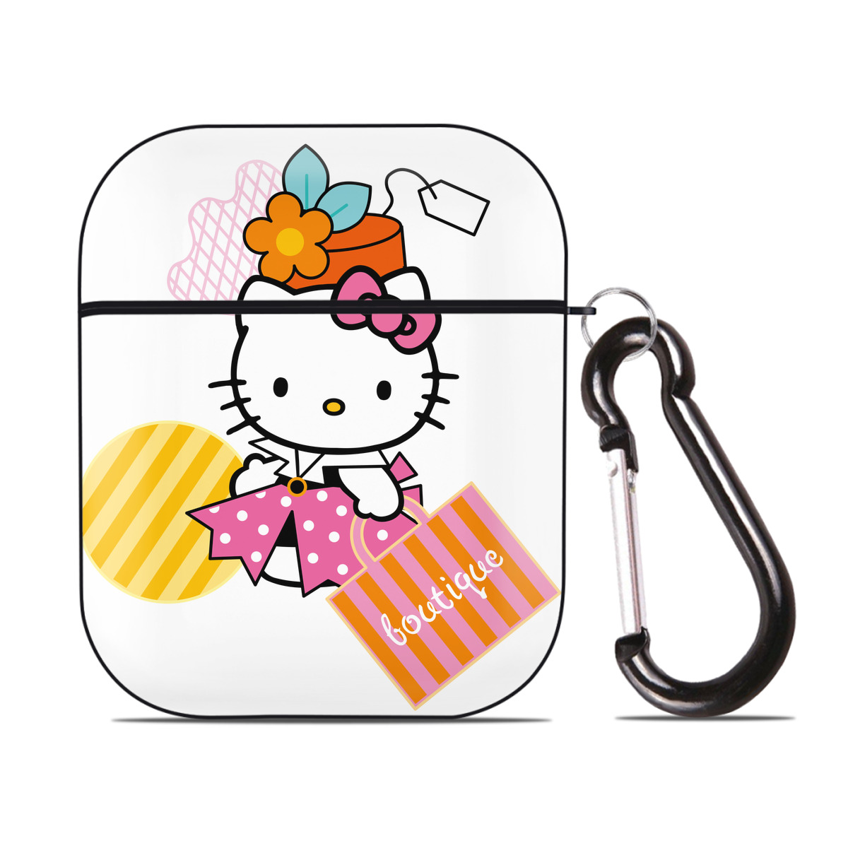 （画像用） Hello Kitty ハローキティ AirPods 第2世代保護ケース ハードシェル ブラック 耐衝撃・防指紋・カラビナ付き