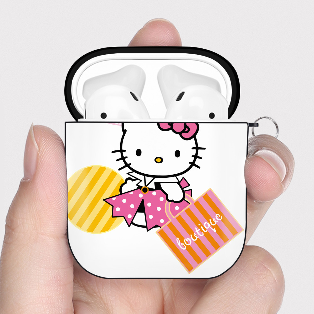 （画像用） Hello Kitty ハローキティ AirPods 第2世代保護ケース ハードシェル ブラック 耐衝撃・防指紋・カラビナ付き