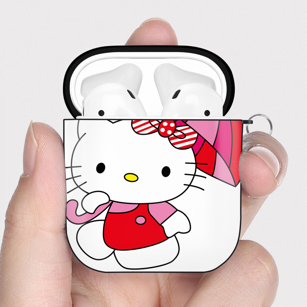 （画像用） Hello Kitty ハローキティ AirPods 第2世代保護ケース ハードシェル ブラック 耐衝撃・防指紋・カラビナ付き
