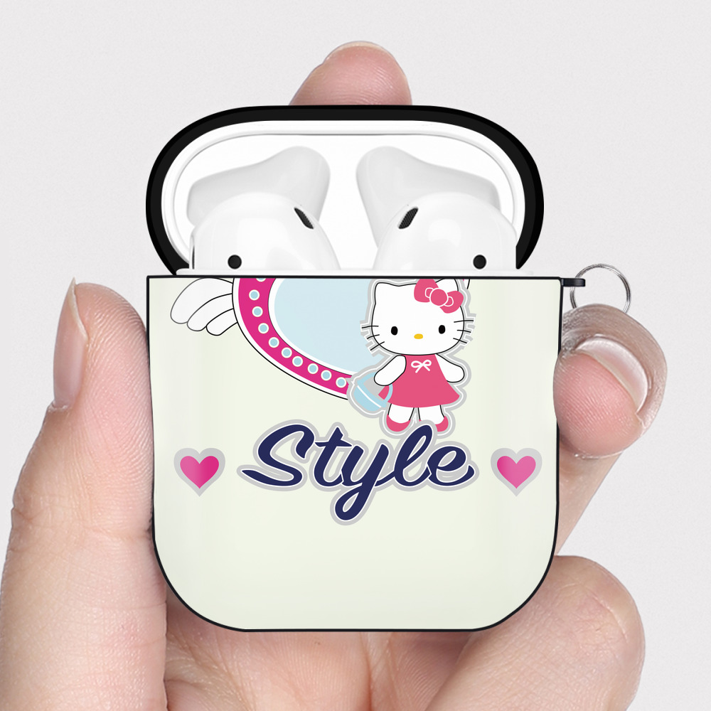 （画像用） Hello Kitty ハローキティ AirPods 第2世代保護ケース ハードシェル ブラック 耐衝撃・防指紋・カラビナ付き