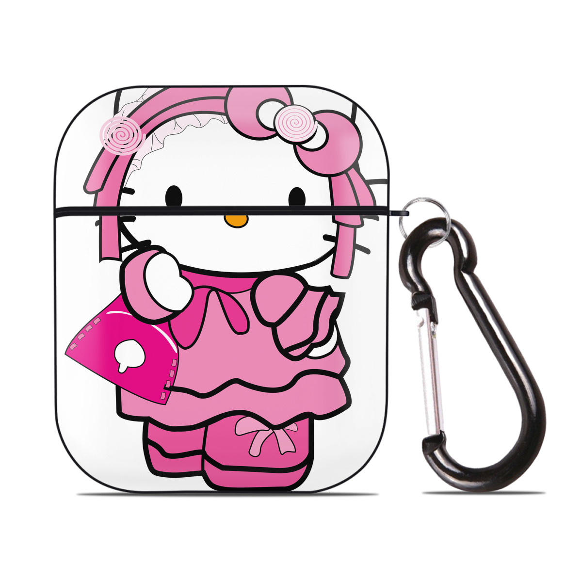 （画像用） Hello Kitty ハローキティ AirPods 第2世代保護ケース ハードシェル ブラック 耐衝撃・防指紋・カラビナ付き
