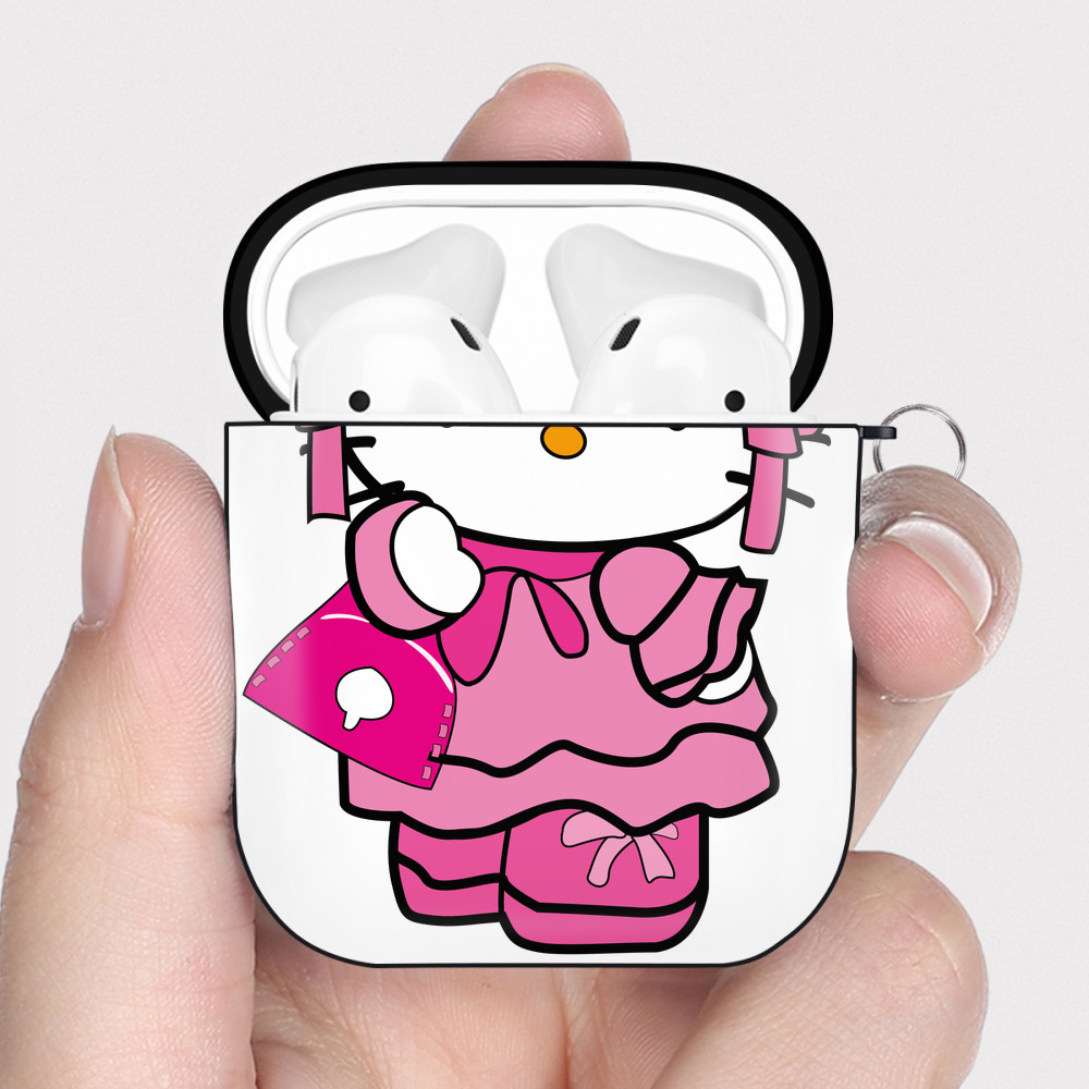 （画像用） Hello Kitty ハローキティ AirPods 第2世代保護ケース ハードシェル ブラック 耐衝撃・防指紋・カラビナ付き