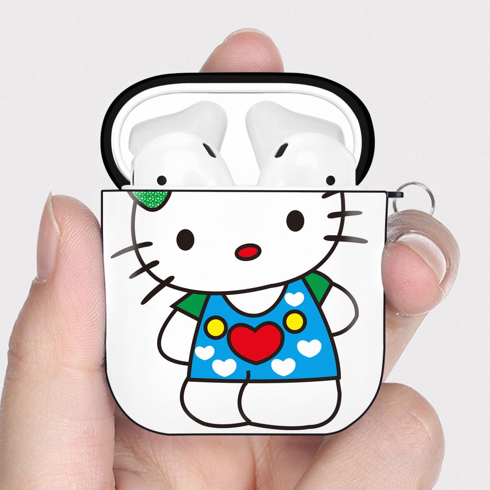 （画像用） Hello Kitty ハローキティ AirPods 第2世代保護ケース ハードシェル ブラック 耐衝撃・防指紋・カラビナ付き