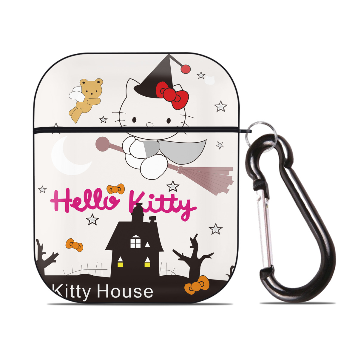 （画像用） Hello Kitty ハローキティ AirPods 第2世代保護ケース ハードシェル ブラック 耐衝撃・防指紋・カラビナ付き
