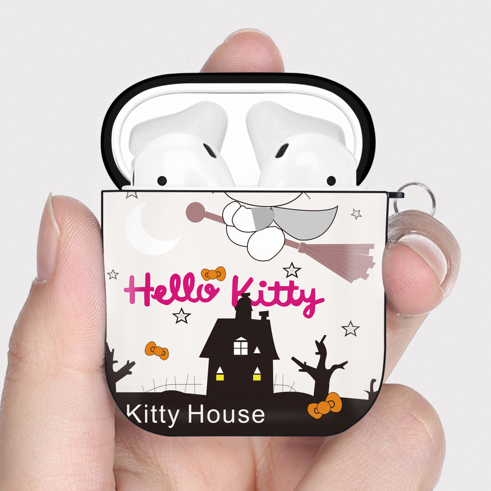 （画像用） Hello Kitty ハローキティ AirPods 第2世代保護ケース ハードシェル ブラック 耐衝撃・防指紋・カラビナ付き