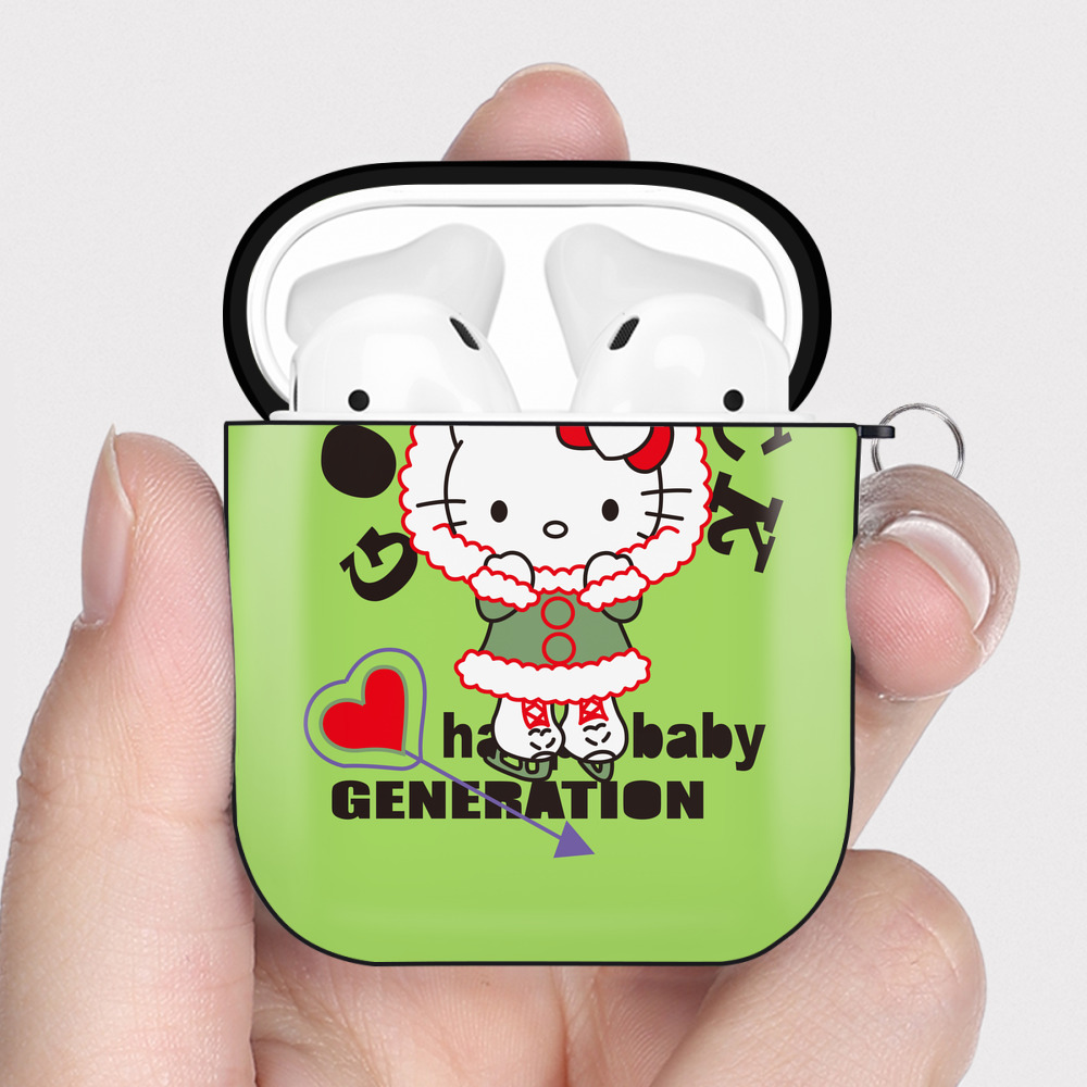 （画像用） Hello Kitty ハローキティ AirPods 第2世代保護ケース ハードシェル ブラック 耐衝撃・防指紋・カラビナ付き