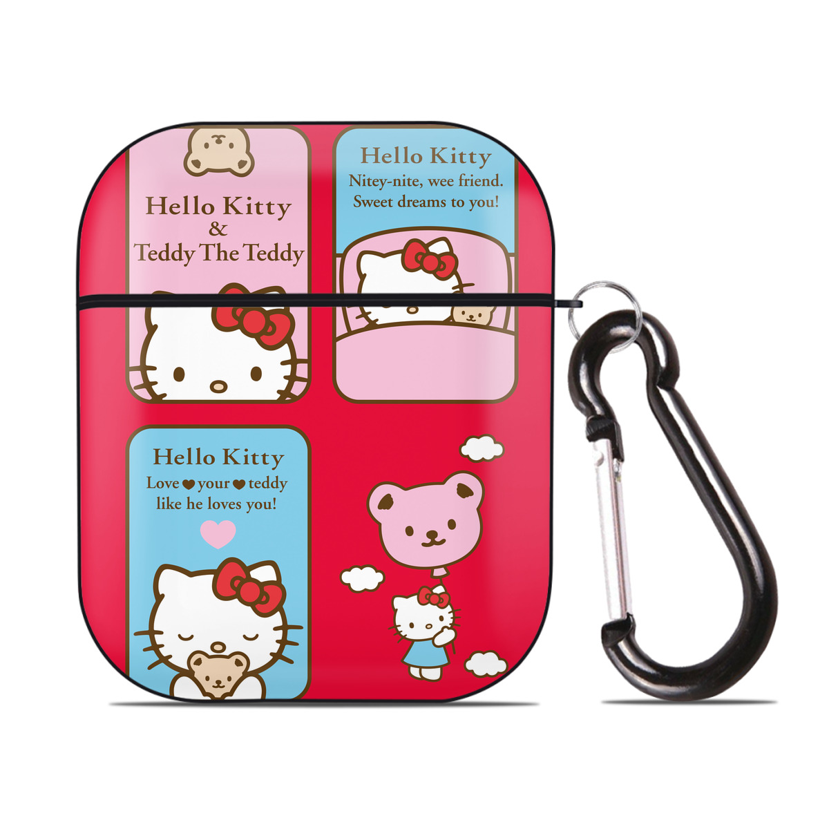 （画像用） Hello Kitty ハローキティ AirPods 第2世代保護ケース ハードシェル ブラック 耐衝撃・防指紋・カラビナ付き