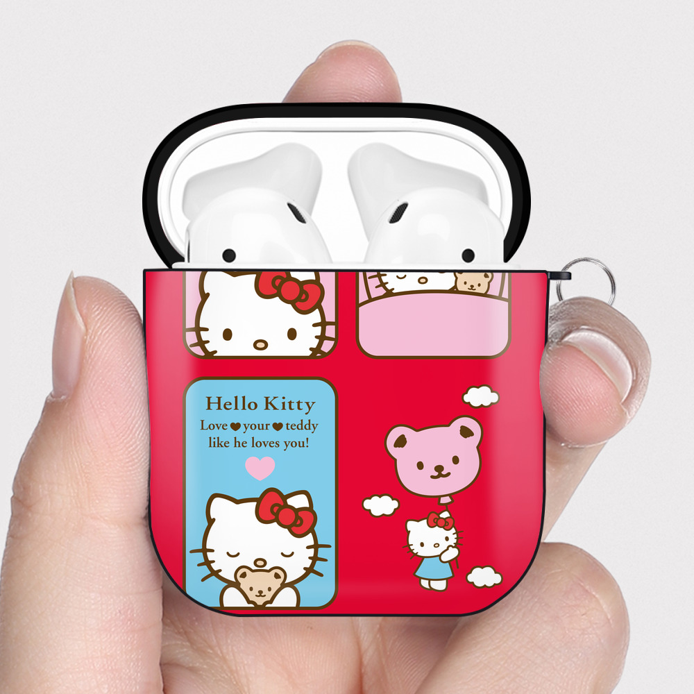 （画像用） Hello Kitty ハローキティ AirPods 第2世代保護ケース ハードシェル ブラック 耐衝撃・防指紋・カラビナ付き