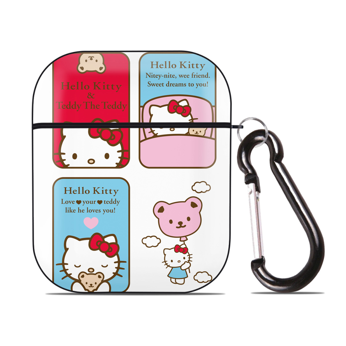 （画像用） Hello Kitty ハローキティ AirPods 第2世代保護ケース ハードシェル ブラック 耐衝撃・防指紋・カラビナ付き