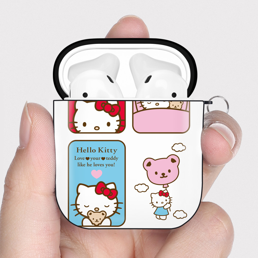 （画像用） Hello Kitty ハローキティ AirPods 第2世代保護ケース ハードシェル ブラック 耐衝撃・防指紋・カラビナ付き
