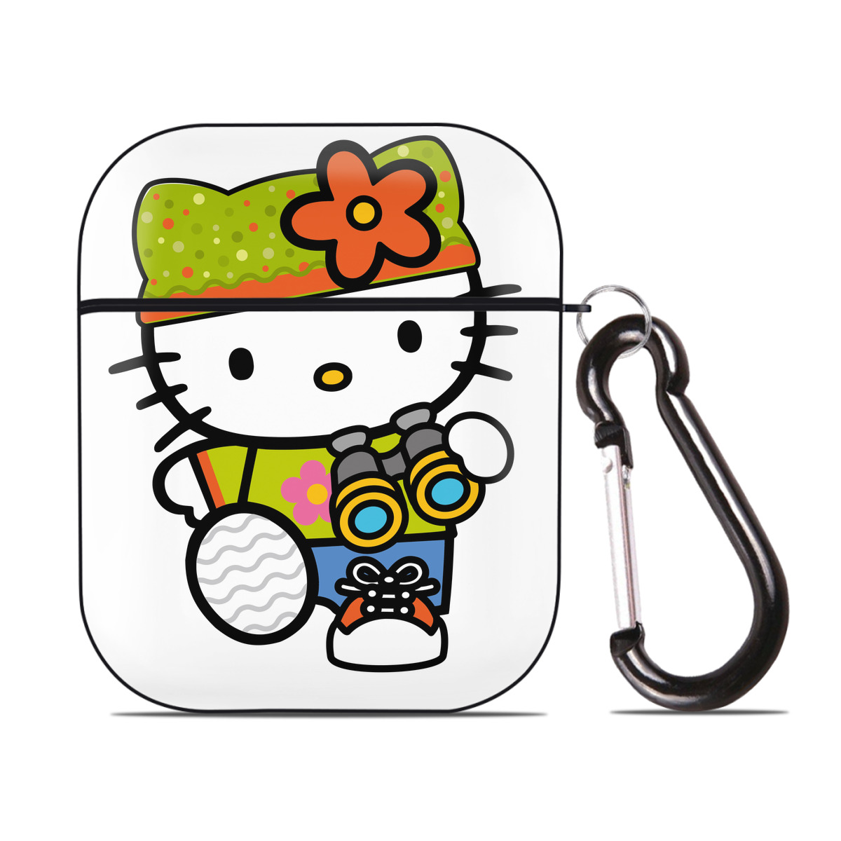 （画像用） Hello Kitty ハローキティ AirPods 第2世代保護ケース ハードシェル ブラック 耐衝撃・防指紋・カラビナ付き