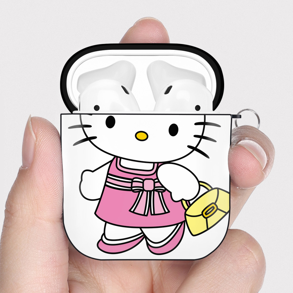 （画像用） Hello Kitty ハローキティ AirPods 第2世代保護ケース ハードシェル ブラック 耐衝撃・防指紋・カラビナ付き