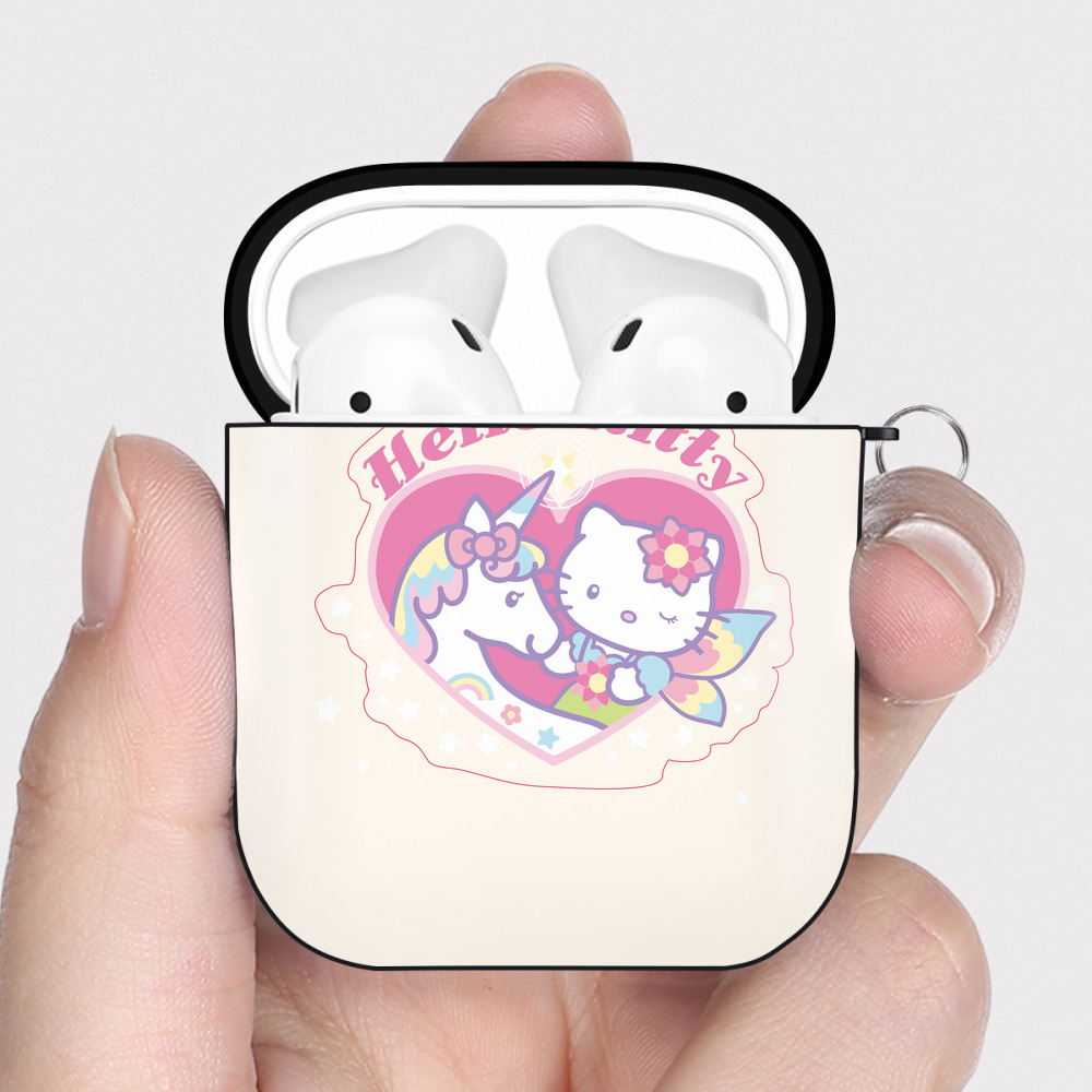 （画像用） Hello Kitty ハローキティ AirPods 第2世代保護ケース ハードシェル ブラック 耐衝撃・防指紋・カラビナ付き