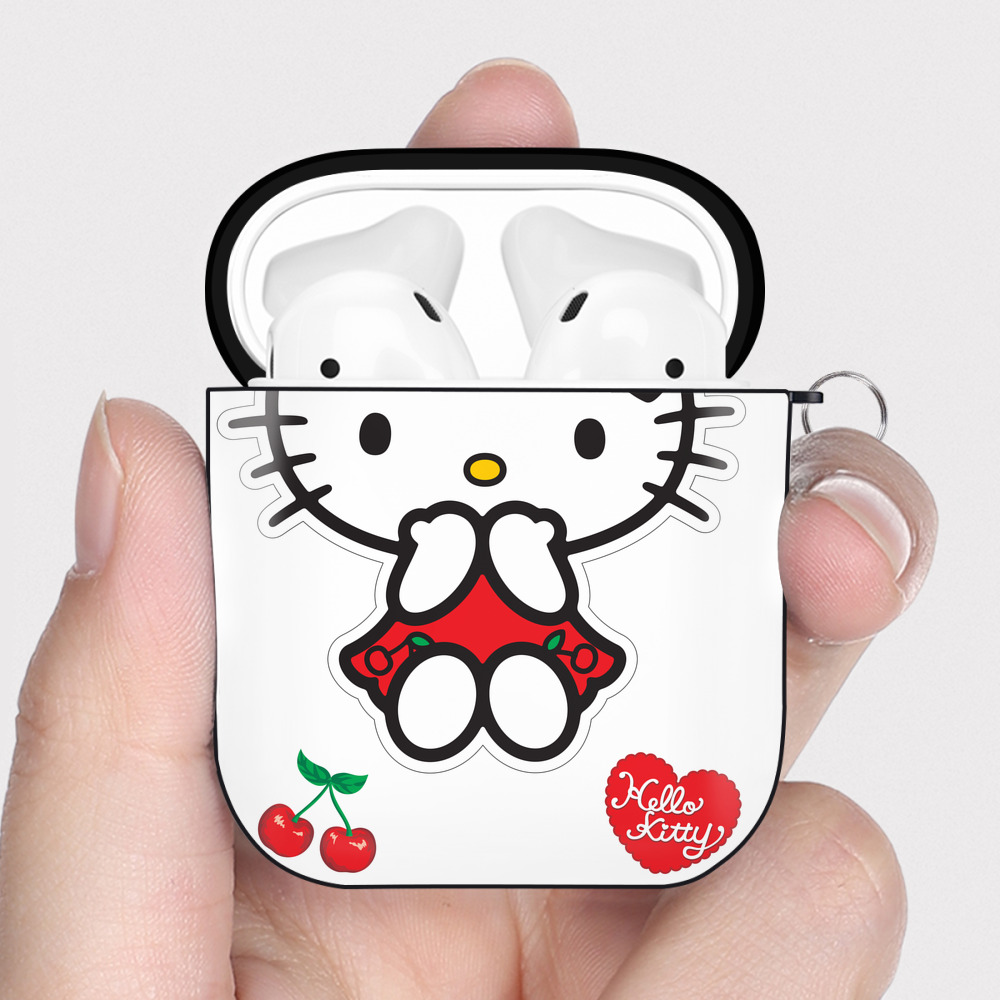 （画像用） Hello Kitty ハローキティ AirPods 第2世代保護ケース ハードシェル ブラック 耐衝撃・防指紋・カラビナ付き