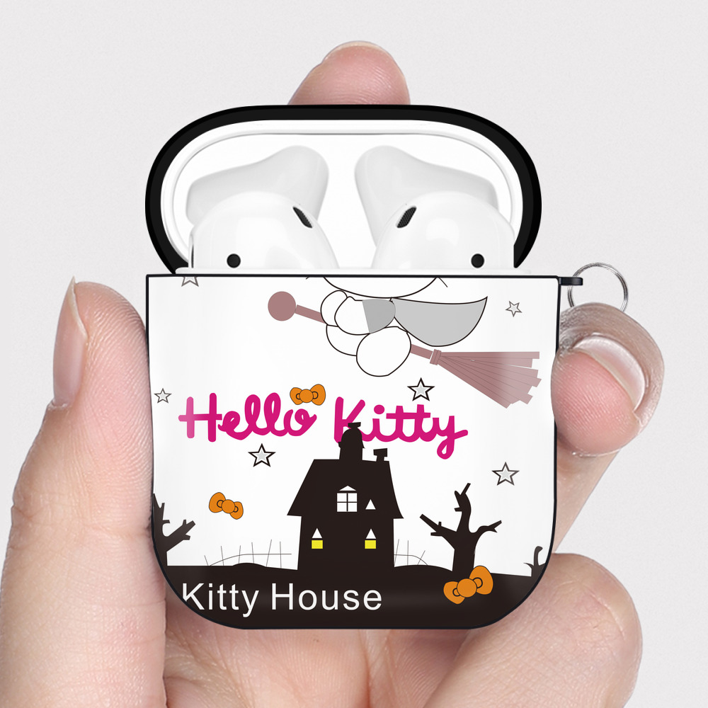 （画像用） Hello Kitty ハローキティ AirPods 第2世代保護ケース ハードシェル ブラック 耐衝撃・防指紋・カラビナ付き