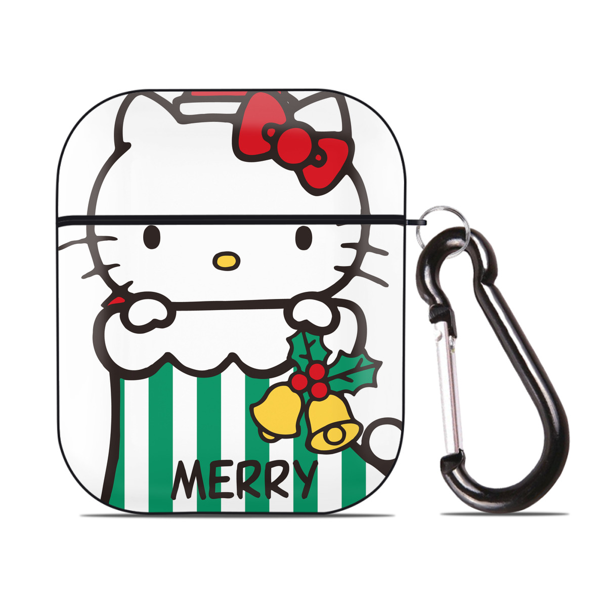 （画像用） Hello Kitty ハローキティ AirPods 第2世代保護ケース ハードシェル ブラック 耐衝撃・防指紋・カラビナ付き