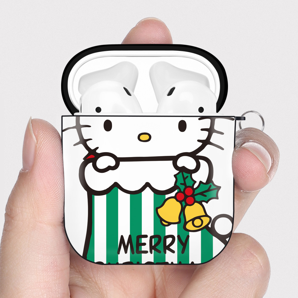 （画像用） Hello Kitty ハローキティ AirPods 第2世代保護ケース ハードシェル ブラック 耐衝撃・防指紋・カラビナ付き
