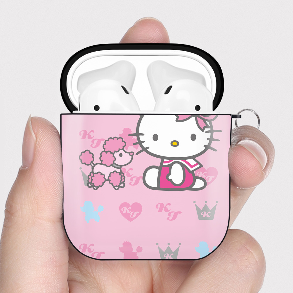 （画像用） Hello Kitty ハローキティ AirPods 第2世代保護ケース ハードシェル ブラック 耐衝撃・防指紋・カラビナ付き