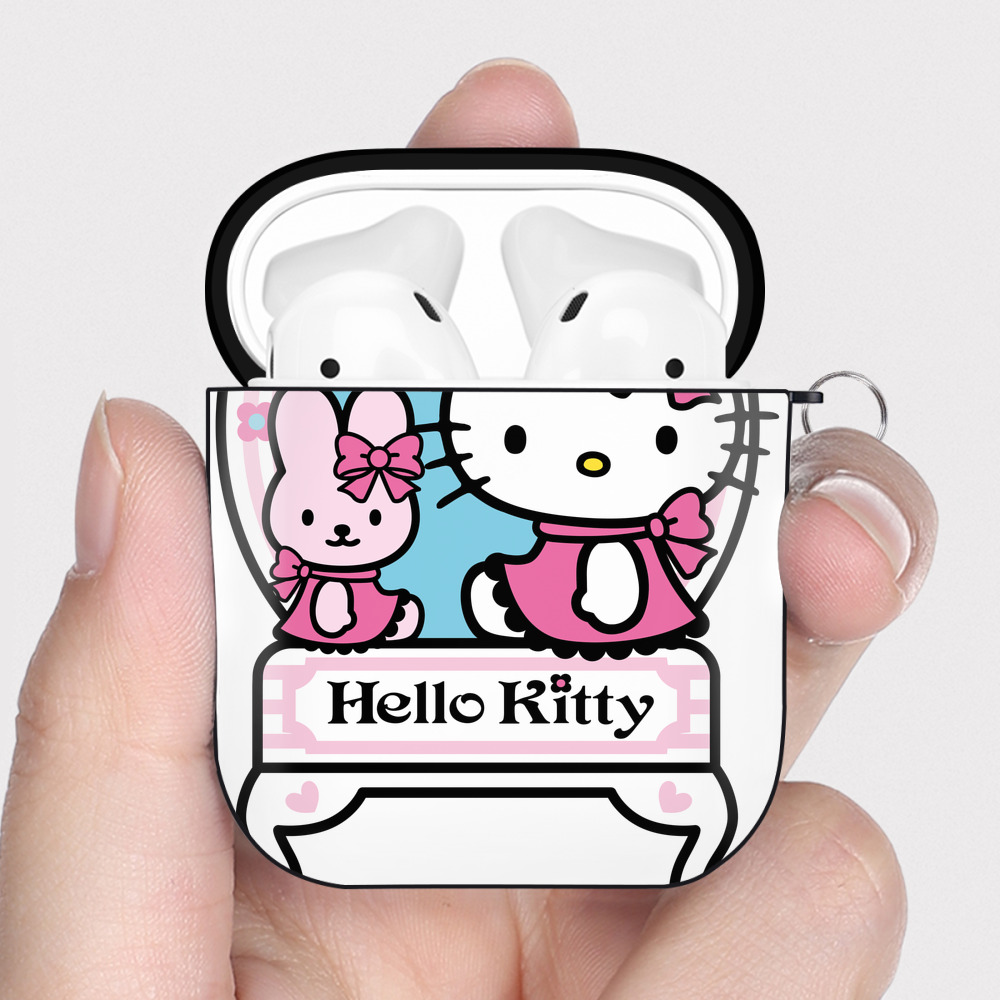 （画像用） Hello Kitty ハローキティ AirPods 第2世代保護ケース ハードシェル ブラック 耐衝撃・防指紋・カラビナ付き