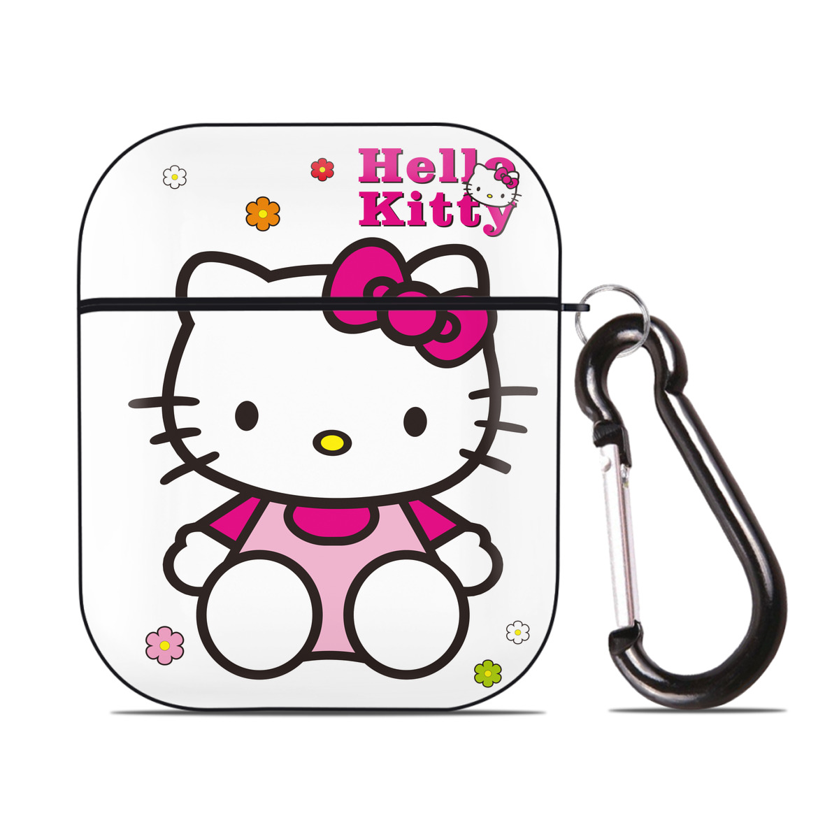 （画像用） Hello Kitty ハローキティ AirPods 第2世代保護ケース ハードシェル ブラック 耐衝撃・防指紋・カラビナ付き