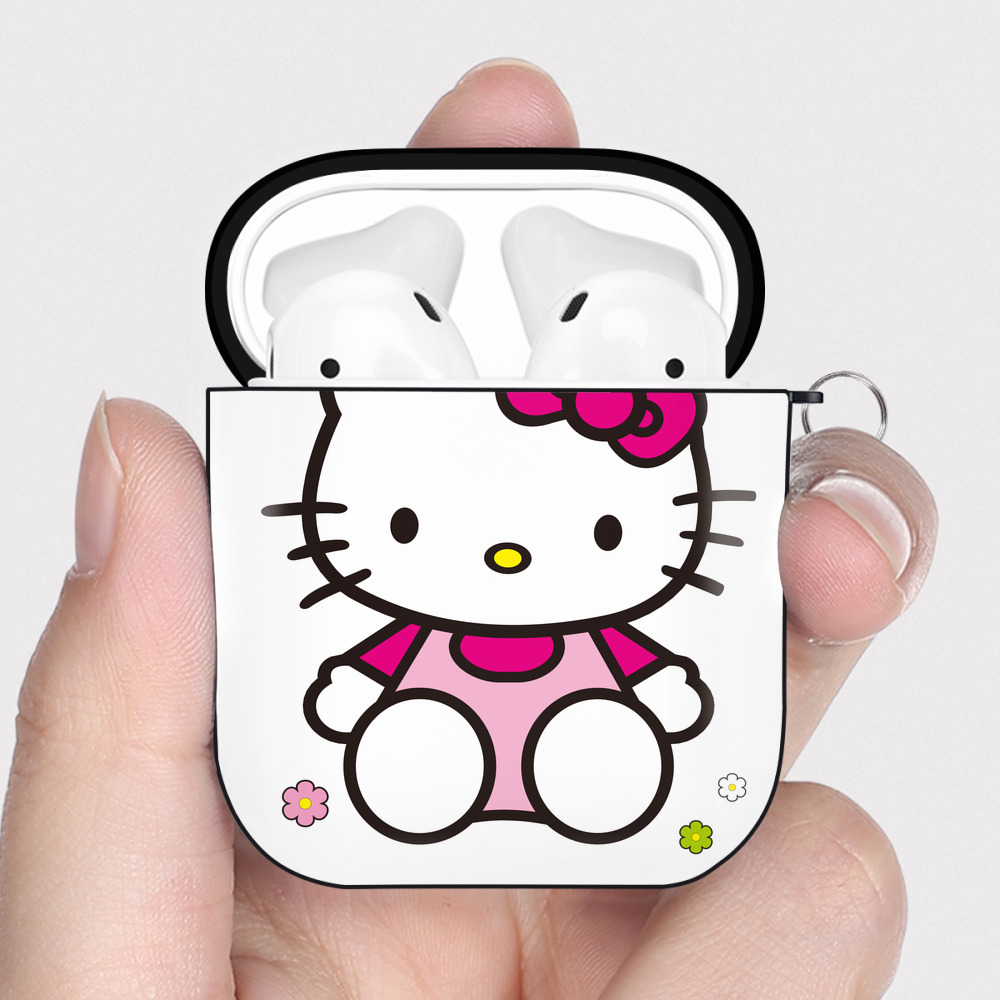 （画像用） Hello Kitty ハローキティ AirPods 第2世代保護ケース ハードシェル ブラック 耐衝撃・防指紋・カラビナ付き