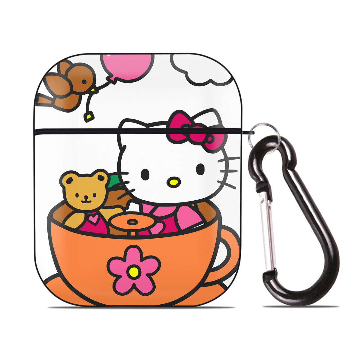 （画像用） Hello Kitty ハローキティ AirPods 第2世代保護ケース ハードシェル ブラック 耐衝撃・防指紋・カラビナ付き