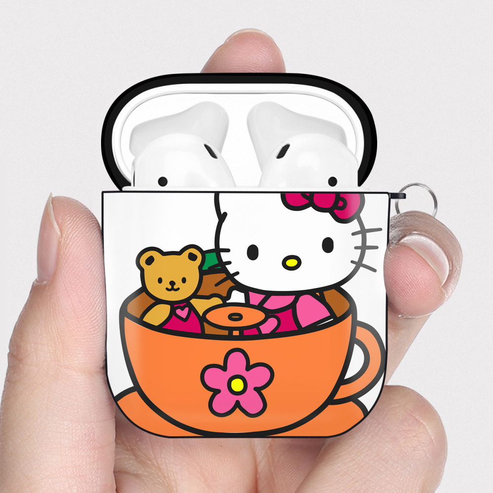 （画像用） Hello Kitty ハローキティ AirPods 第2世代保護ケース ハードシェル ブラック 耐衝撃・防指紋・カラビナ付き