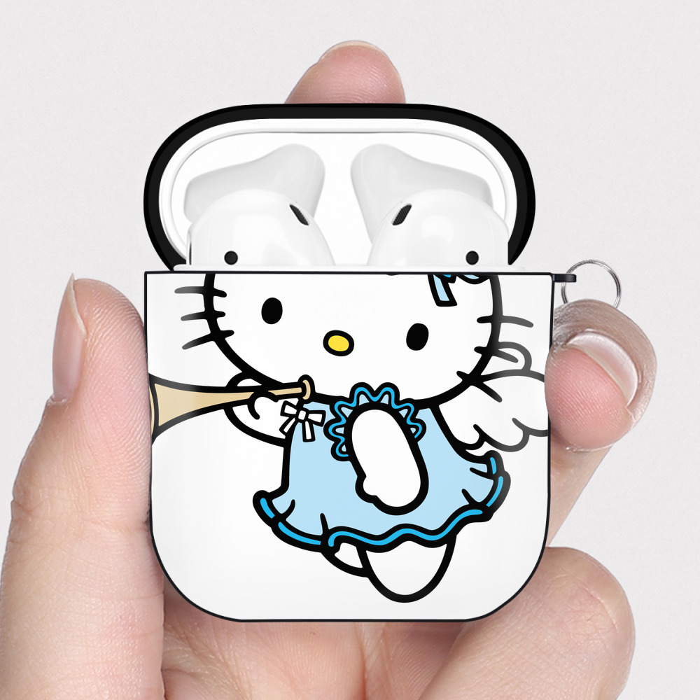 （画像用） Hello Kitty ハローキティ AirPods 第2世代保護ケース ハードシェル ブラック 耐衝撃・防指紋・カラビナ付き