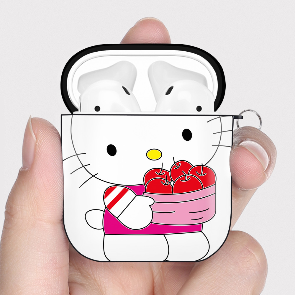 （画像用） Hello Kitty ハローキティ AirPods 第2世代保護ケース ハードシェル ブラック 耐衝撃・防指紋・カラビナ付き