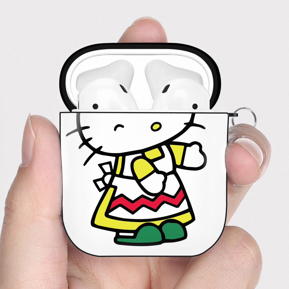 （画像用） Hello Kitty ハローキティ AirPods 第2世代保護ケース ハードシェル ブラック 耐衝撃・防指紋・カラビナ付き