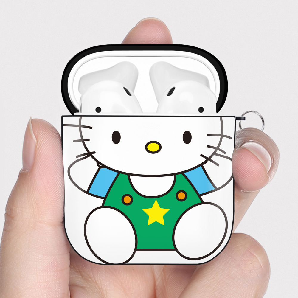 （画像用） Hello Kitty ハローキティ AirPods 第2世代保護ケース ハードシェル ブラック 耐衝撃・防指紋・カラビナ付き