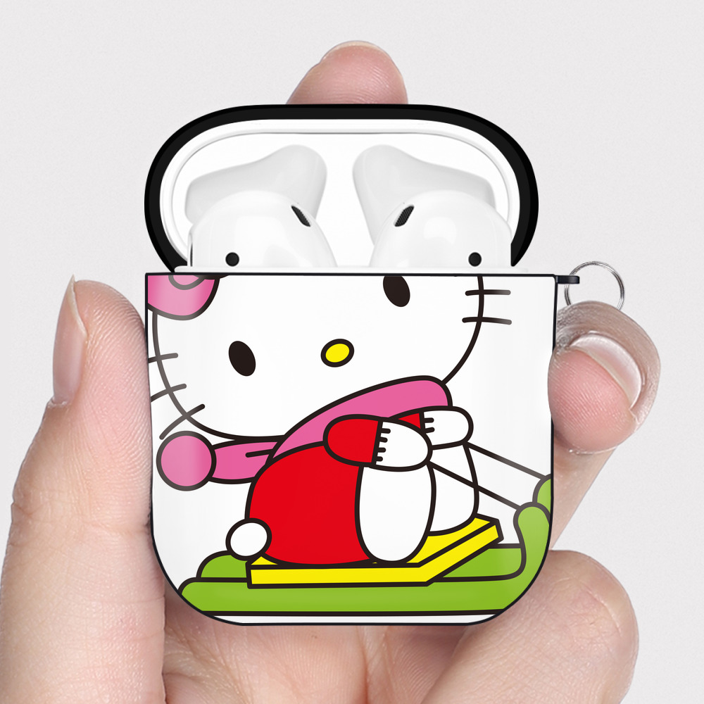 （画像用） Hello Kitty ハローキティ AirPods 第2世代保護ケース ハードシェル ブラック 耐衝撃・防指紋・カラビナ付き