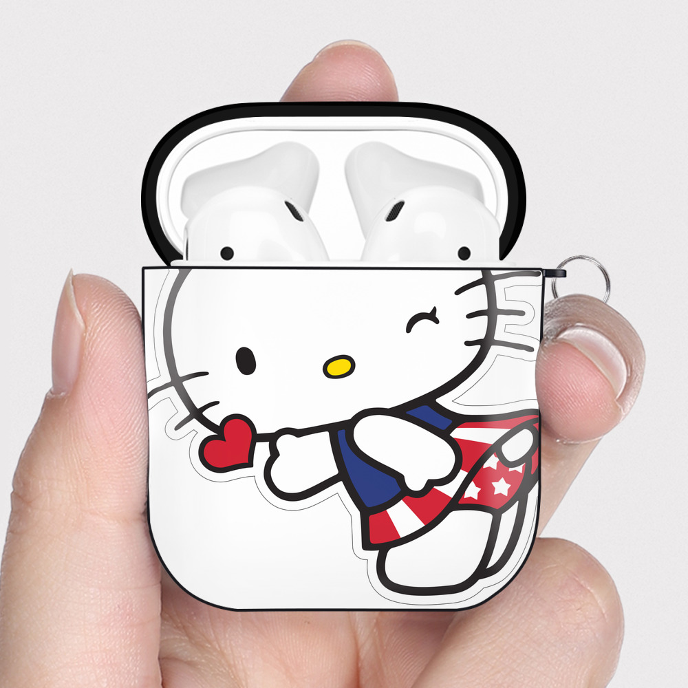 （画像用） Hello Kitty ハローキティ AirPods 第2世代保護ケース ハードシェル ブラック 耐衝撃・防指紋・カラビナ付き