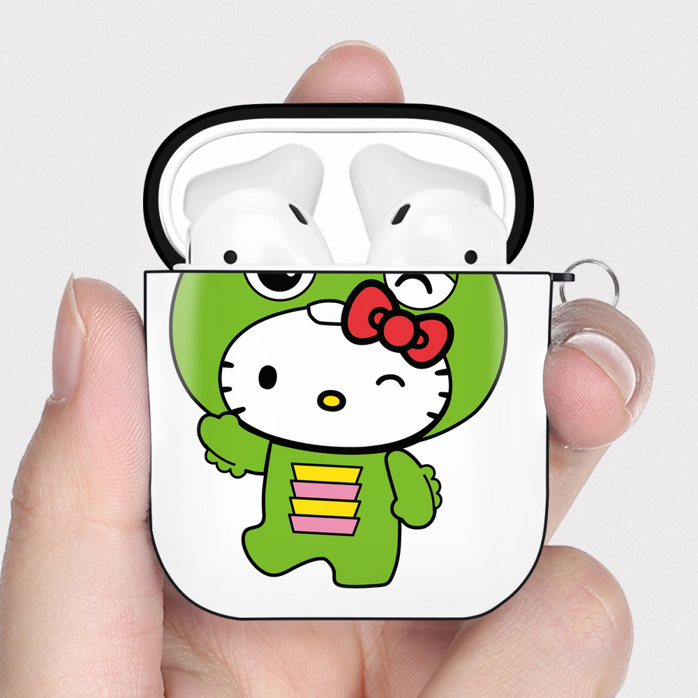 （画像用） Hello Kitty ハローキティ AirPods 第2世代保護ケース ハードシェル ブラック 耐衝撃・防指紋・カラビナ付き