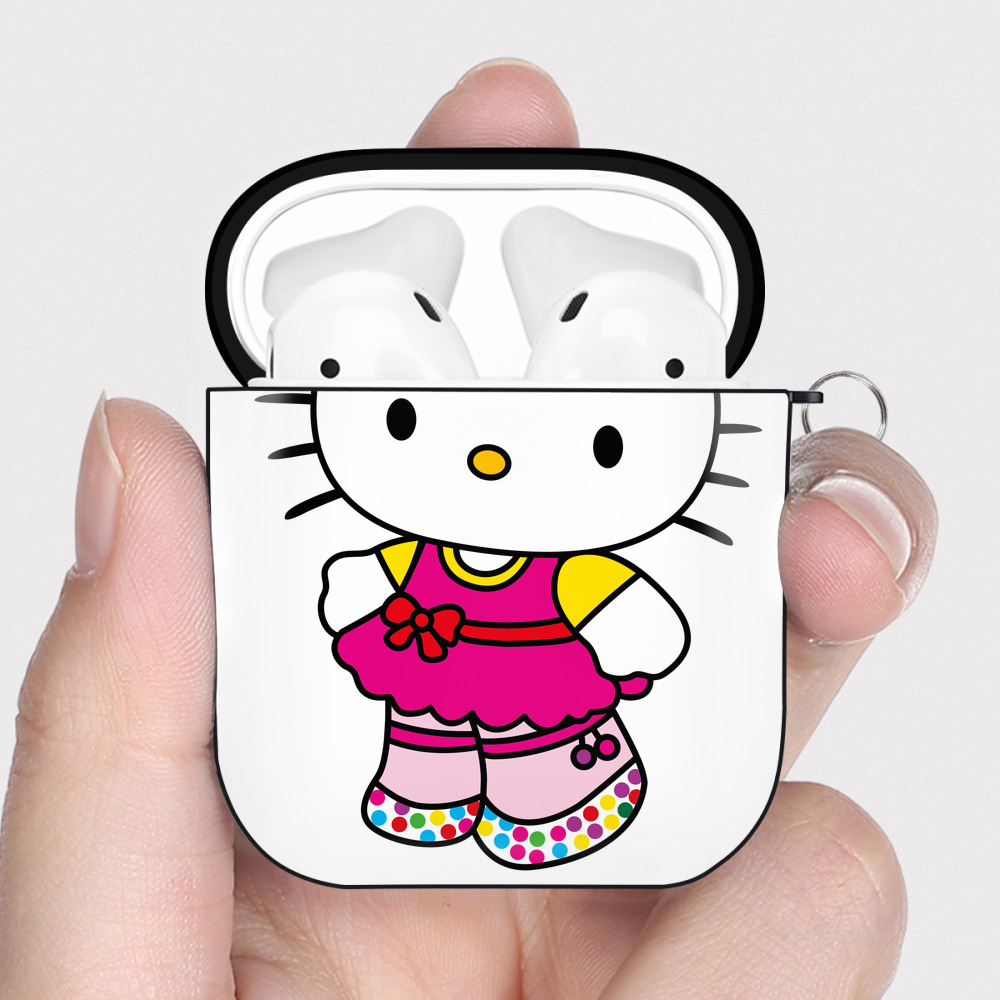 （画像用） Hello Kitty ハローキティ AirPods 第2世代保護ケース ハードシェル ブラック 耐衝撃・防指紋・カラビナ付き