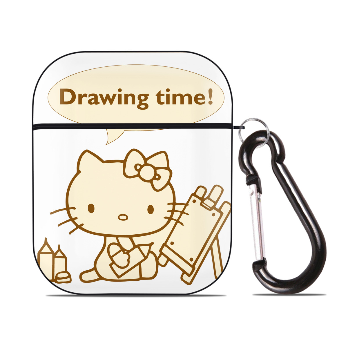 （画像用） Hello Kitty ハローキティ AirPods 第2世代保護ケース ハードシェル ブラック 耐衝撃・防指紋・カラビナ付き