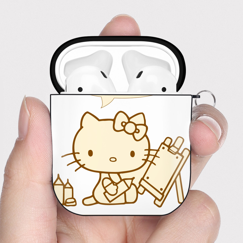 （画像用） Hello Kitty ハローキティ AirPods 第2世代保護ケース ハードシェル ブラック 耐衝撃・防指紋・カラビナ付き
