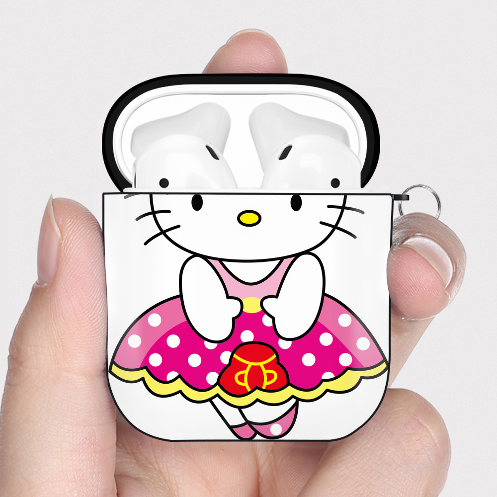 （画像用） Hello Kitty ハローキティ AirPods 第2世代保護ケース ハードシェル ブラック 耐衝撃・防指紋・カラビナ付き