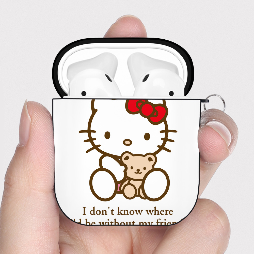 （画像用） Hello Kitty ハローキティ AirPods 第2世代保護ケース ハードシェル ブラック 耐衝撃・防指紋・カラビナ付き