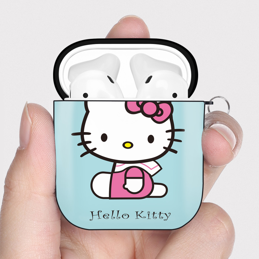 （画像用） Hello Kitty ハローキティ AirPods 第2世代保護ケース ハードシェル ブラック 耐衝撃・防指紋・カラビナ付き